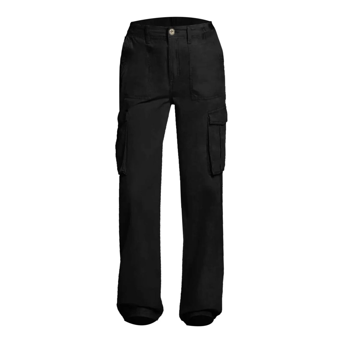 Adjustable Cargo Pants Women Straight Fit Baggy Wide Leg High Waist Pants Pockets Retro Street Style Casual Trousers - Black -