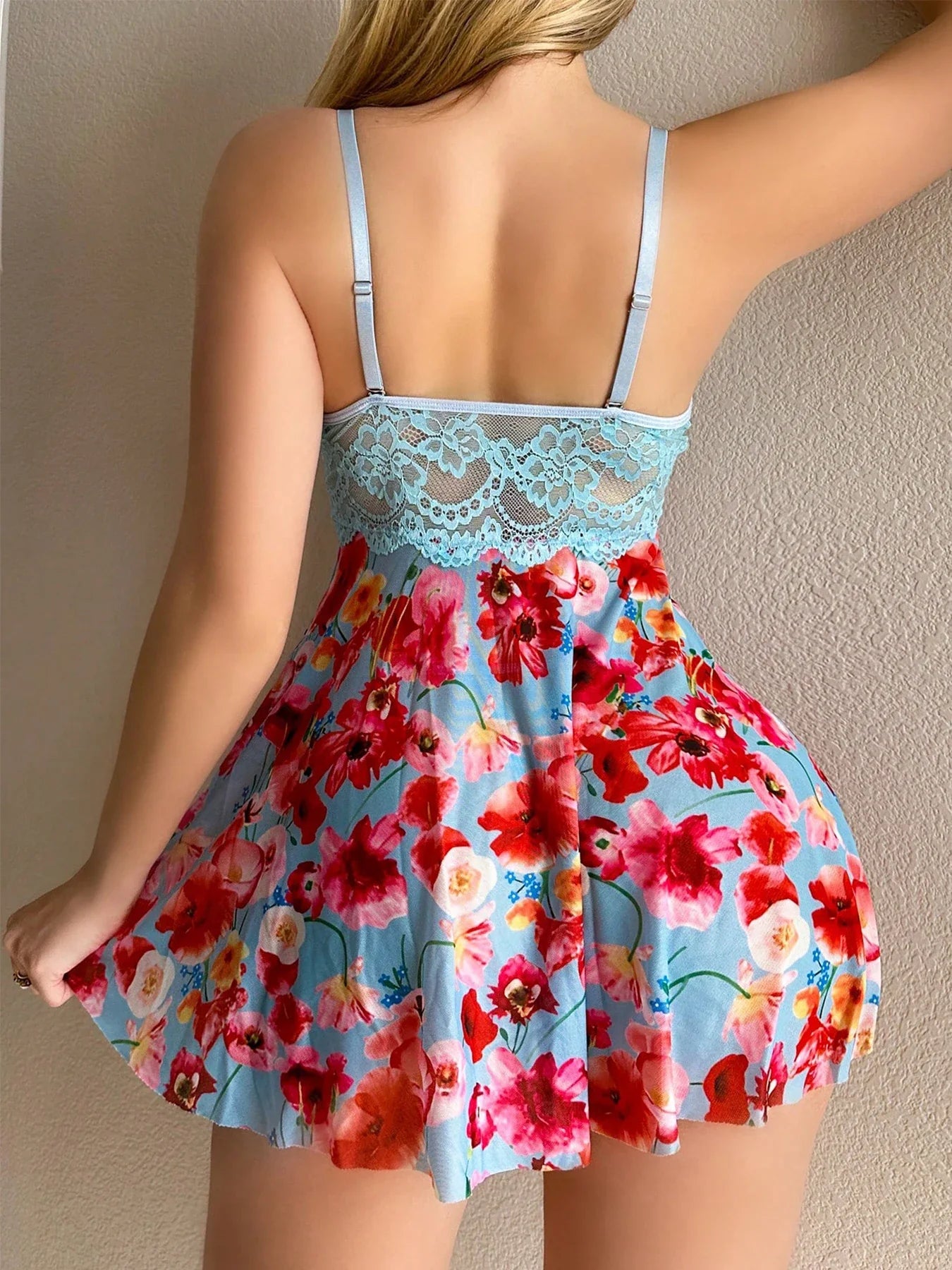 Women's Lace Underwire Floral Babydoll Nightgown Flowy Lingerie Dress and Thong Set - -
