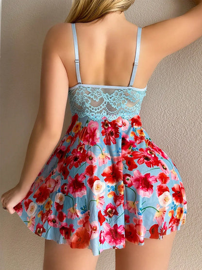 Women's Lace Underwire Floral Babydoll Nightgown Flowy Lingerie Dress and Thong Set - -