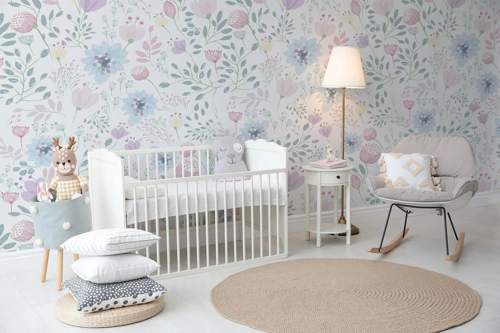 Nursery Colorful  Floral Mural, Nursery Floral Wallpaper in Purple, Watercolor Floral Garden Flowers Wall Mural for Kids Kia Day Design