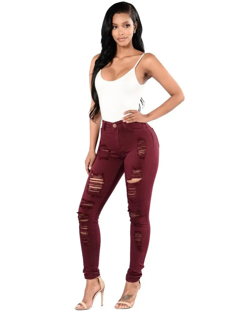 High-Rise Distressed Skinny Jeans in Burgundy & Olive Kia Day Design