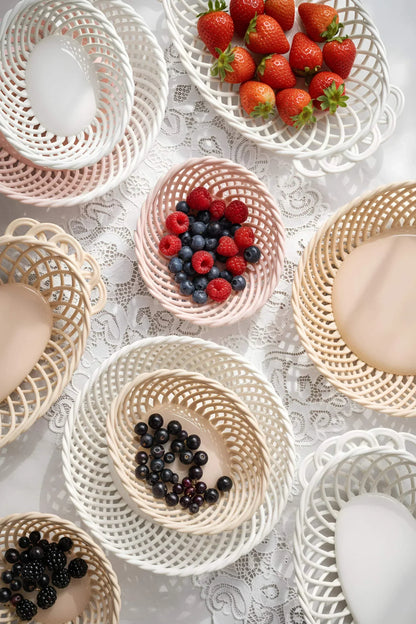 Hand-Woven Ceramic Basket -Small Oval Porcelain Dish in White, Beige & Pink - - Bowl