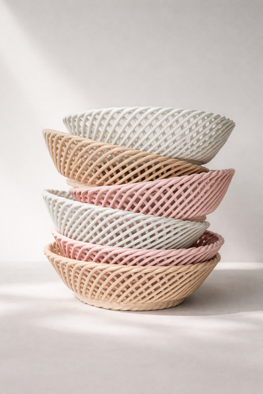 Ceramic Round Hand-Woven Basket – White, Beige & Pink Glazed Porcelain - - Bowl