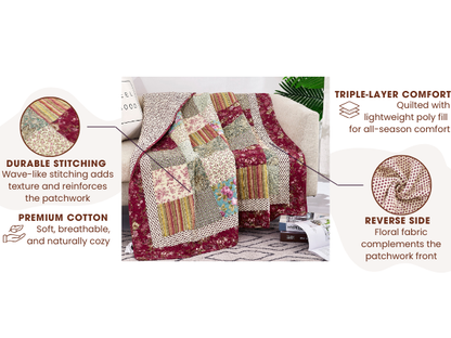 Tache Fairy Tale Tea Party Beige Burgundy Paisley Floral Cotton Patchwork Quilted Throw Blanket (DXJ103443) - - Blanket