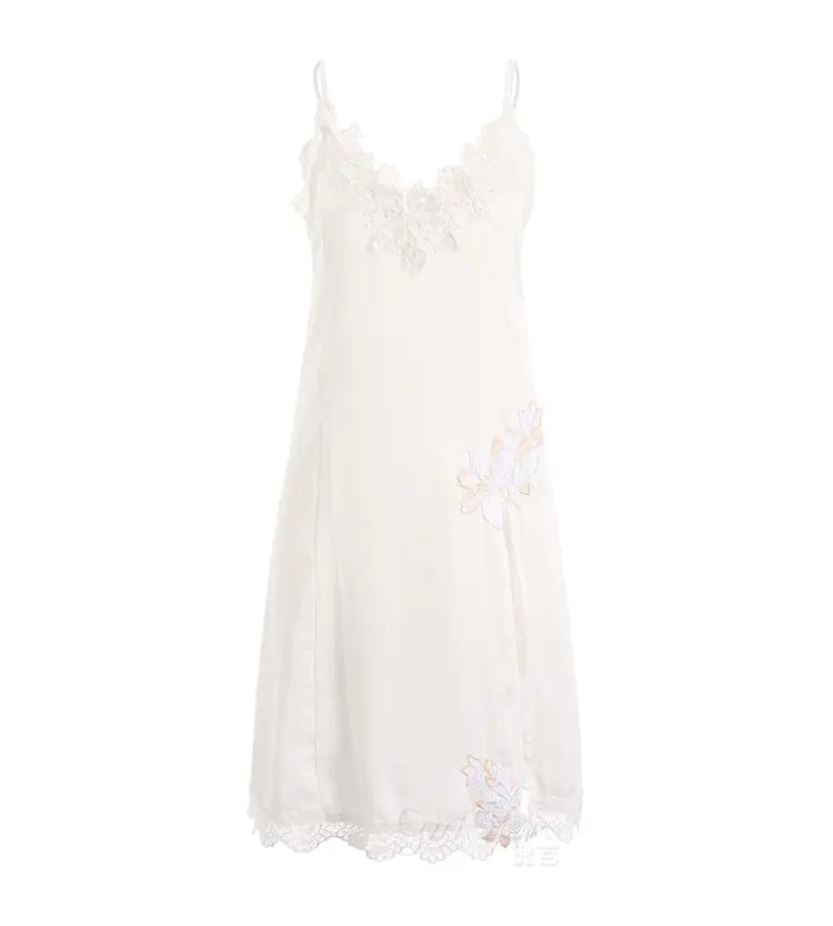 Lace Lingerie Nightwear Cami Dress with Side Split - White M - nightgown
