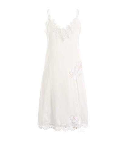 Lace Lingerie Nightwear Cami Dress with Side Split - White M - nightgown