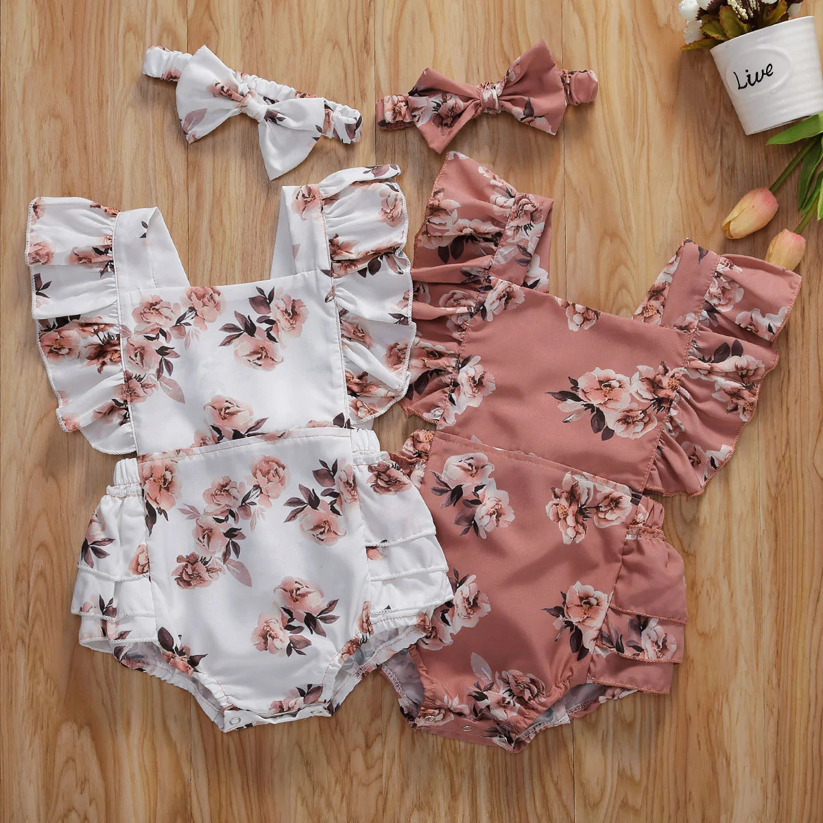 Baby Floral Romper Sleeveless Ruffled Jumpsuits With Headband