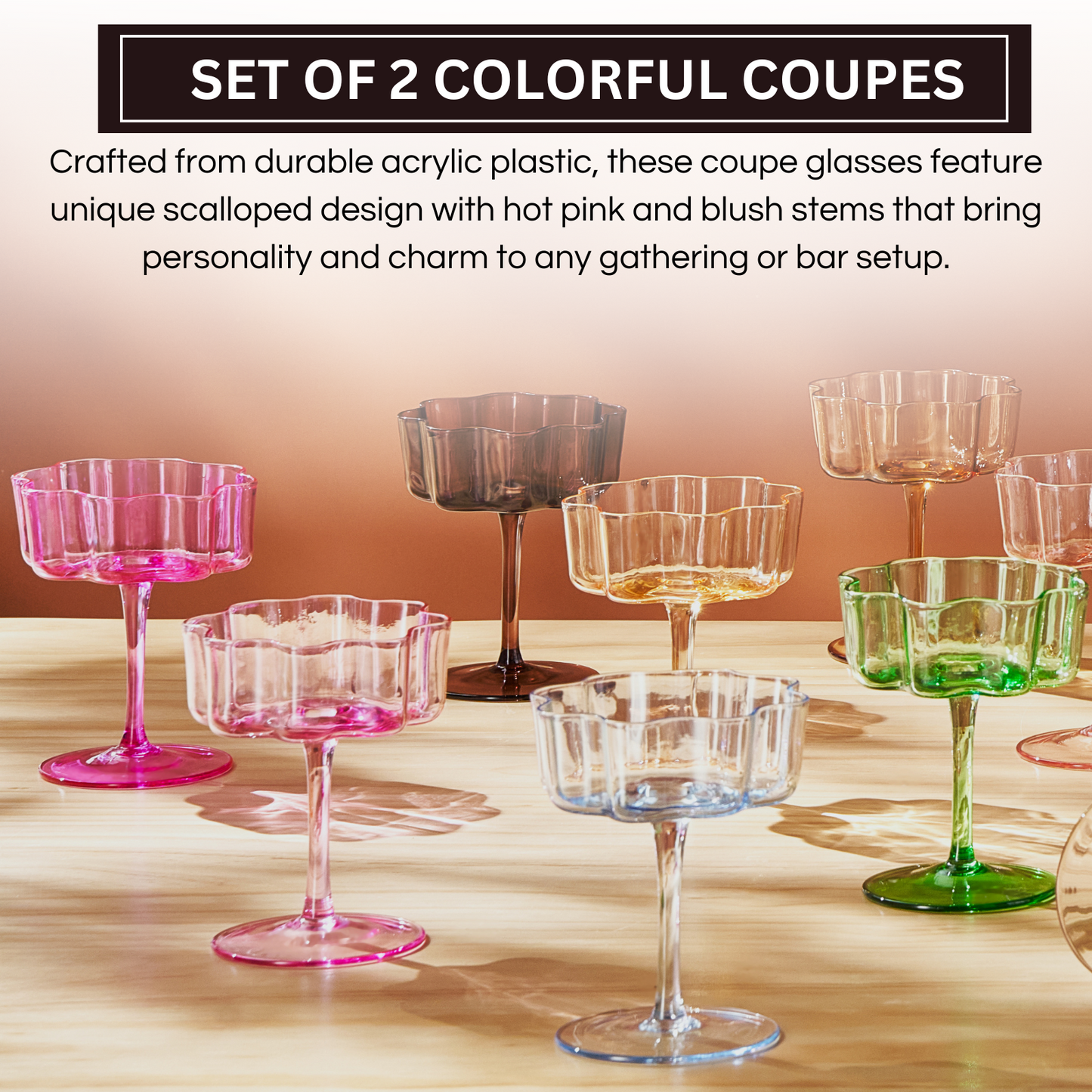 Flower Wave Coupe Cocktail Colored Glasses | Set of 2 | Hot Pink & Blush - -