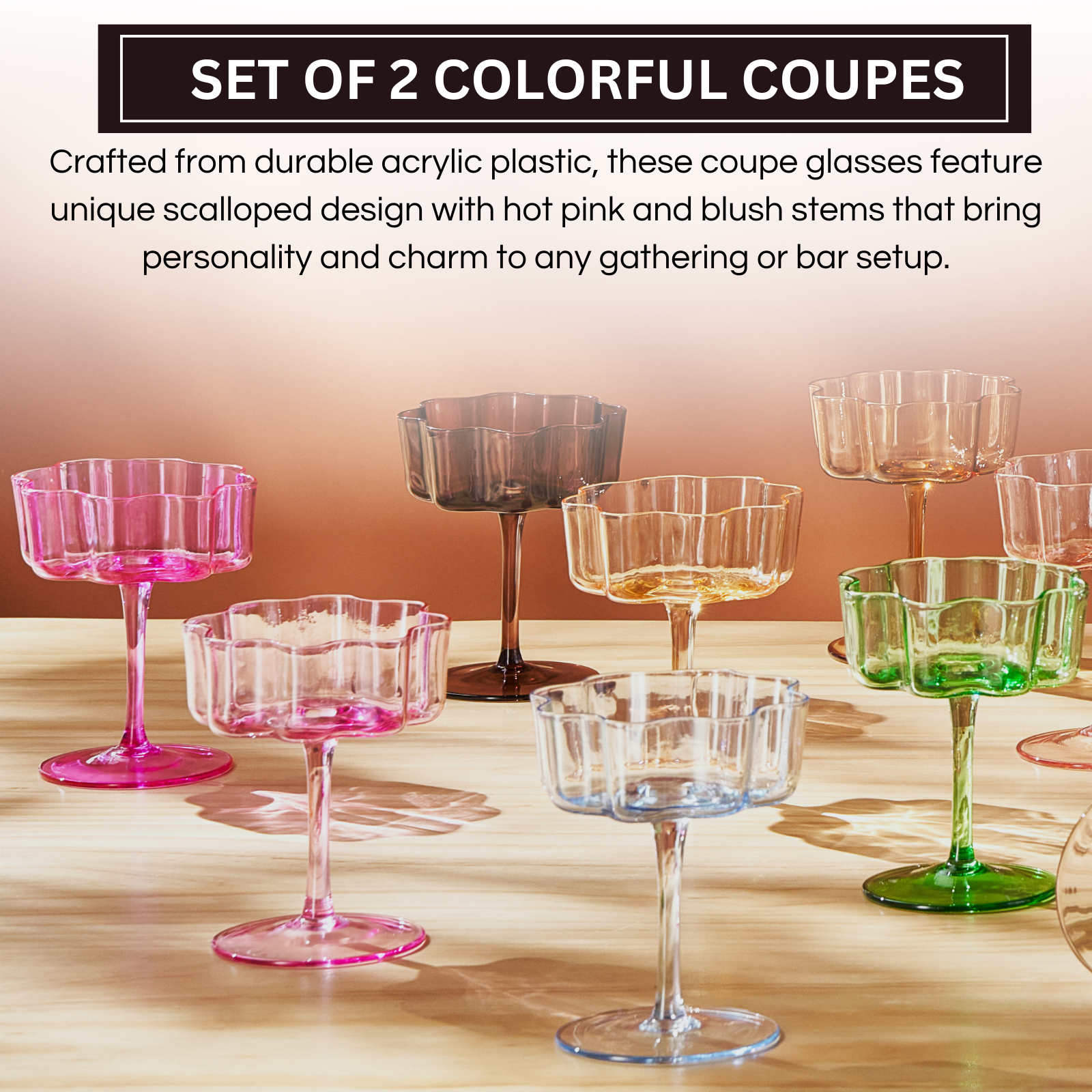 Flower Wave Coupe Cocktail Colored Glasses | Set of 2 | Hot Pink & Blush - -