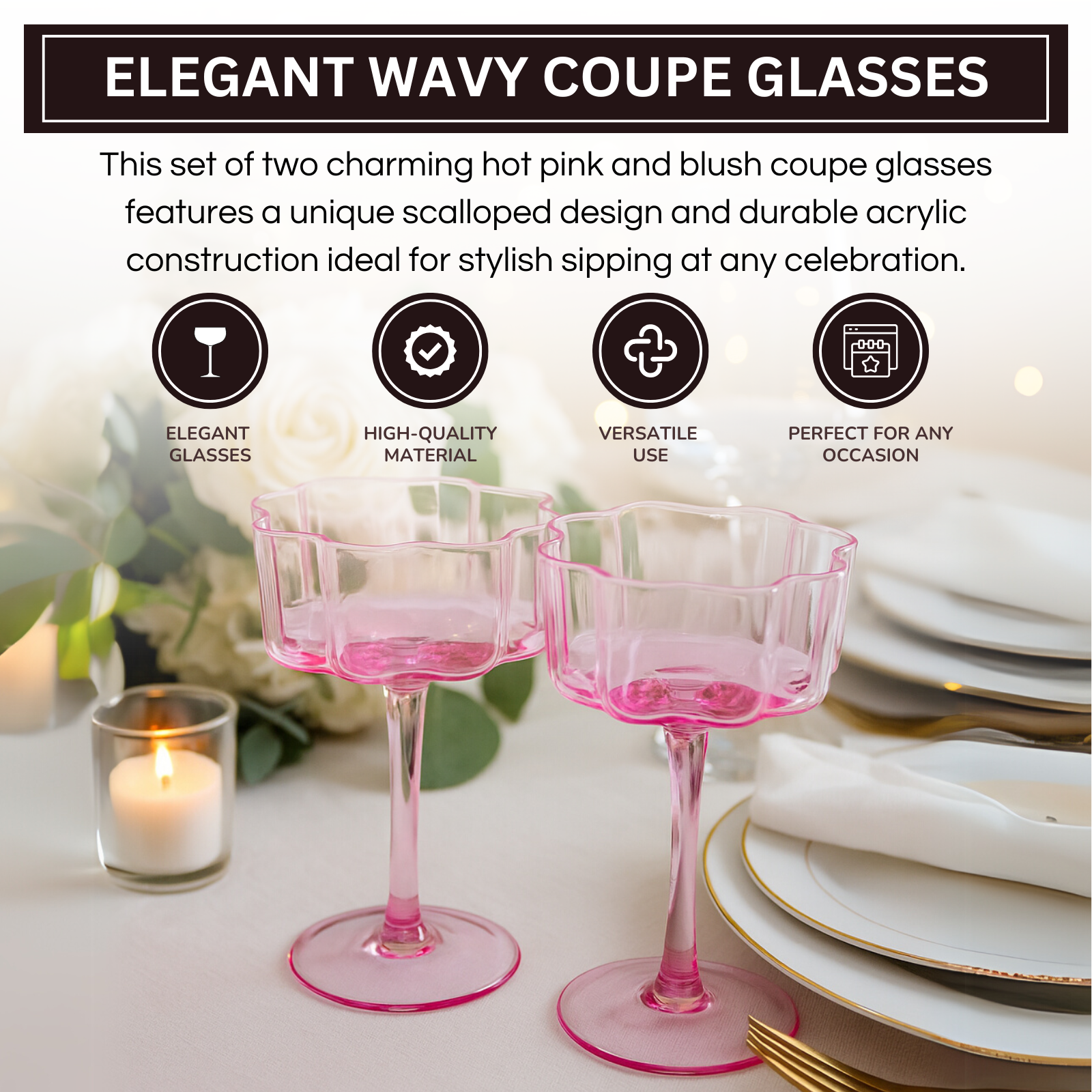 Flower Wave Coupe Cocktail Colored Glasses | Set of 2 | Hot Pink & Blush - -