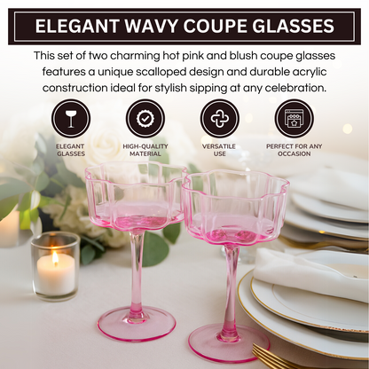 Flower Wave Coupe Cocktail Colored Glasses | Set of 2 | Hot Pink & Blush - -