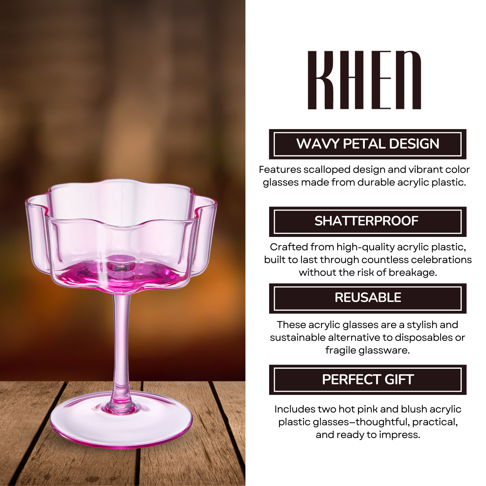Flower Wave Coupe Cocktail Colored Glasses | Set of 2 | Hot Pink & Blush - -