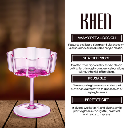 Flower Wave Coupe Cocktail Colored Glasses | Set of 2 | Hot Pink & Blush - -