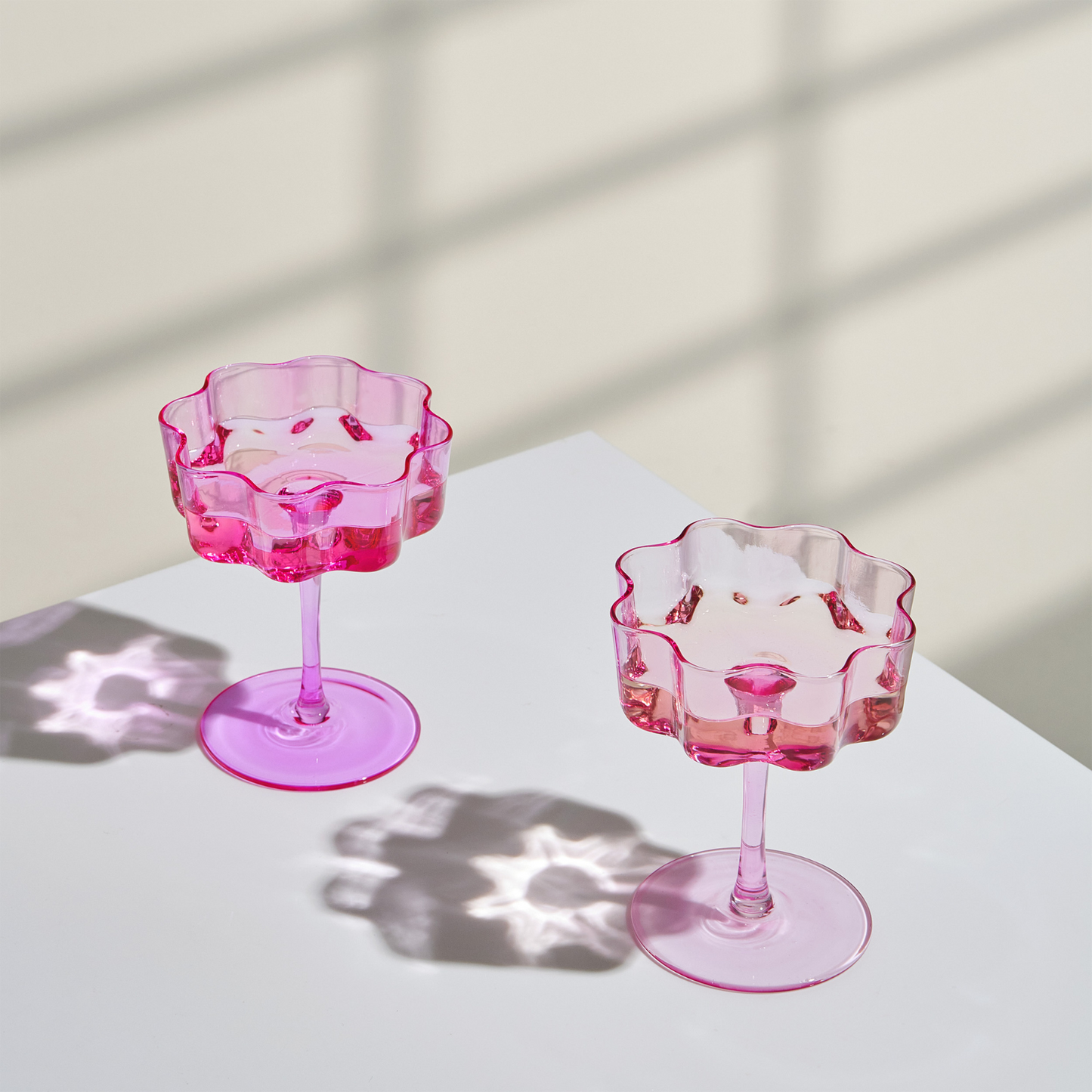 Flower Wave Coupe Cocktail Colored Glasses | Set of 2 | Hot Pink & Blush - -
