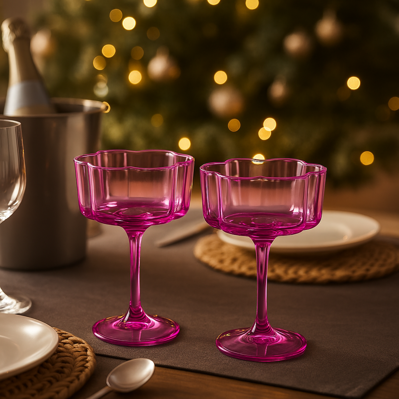 Flower Wave Coupe Cocktail Colored Glasses | Set of 2 | Hot Pink & Blush - -