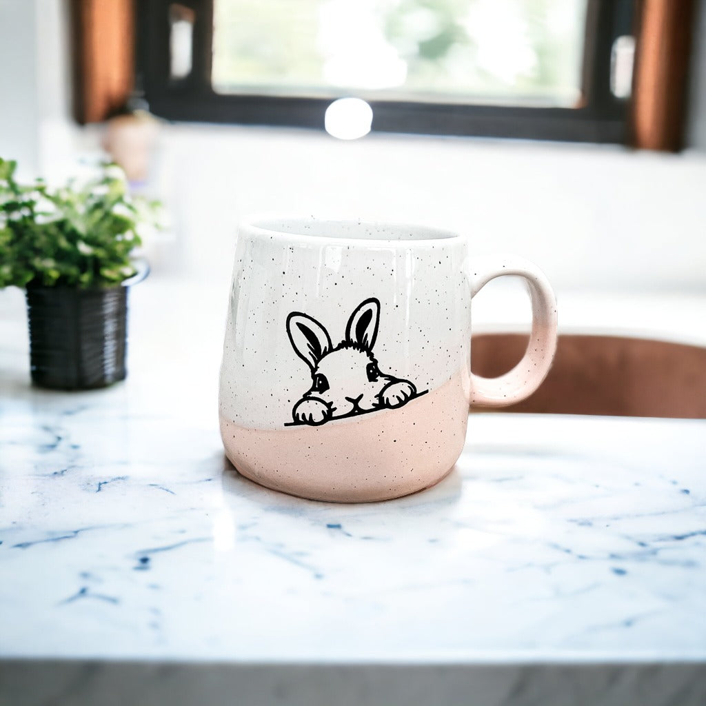 Farmhouse Ceramic Bunny Mug Hand-Painted Ivory With Pastel Pink Base, 12 Oz - - Mugs