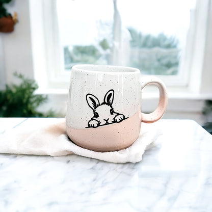 Farmhouse Ceramic Bunny Mug Hand-Painted Ivory With Pastel Pink Base, 12 Oz - - Mugs