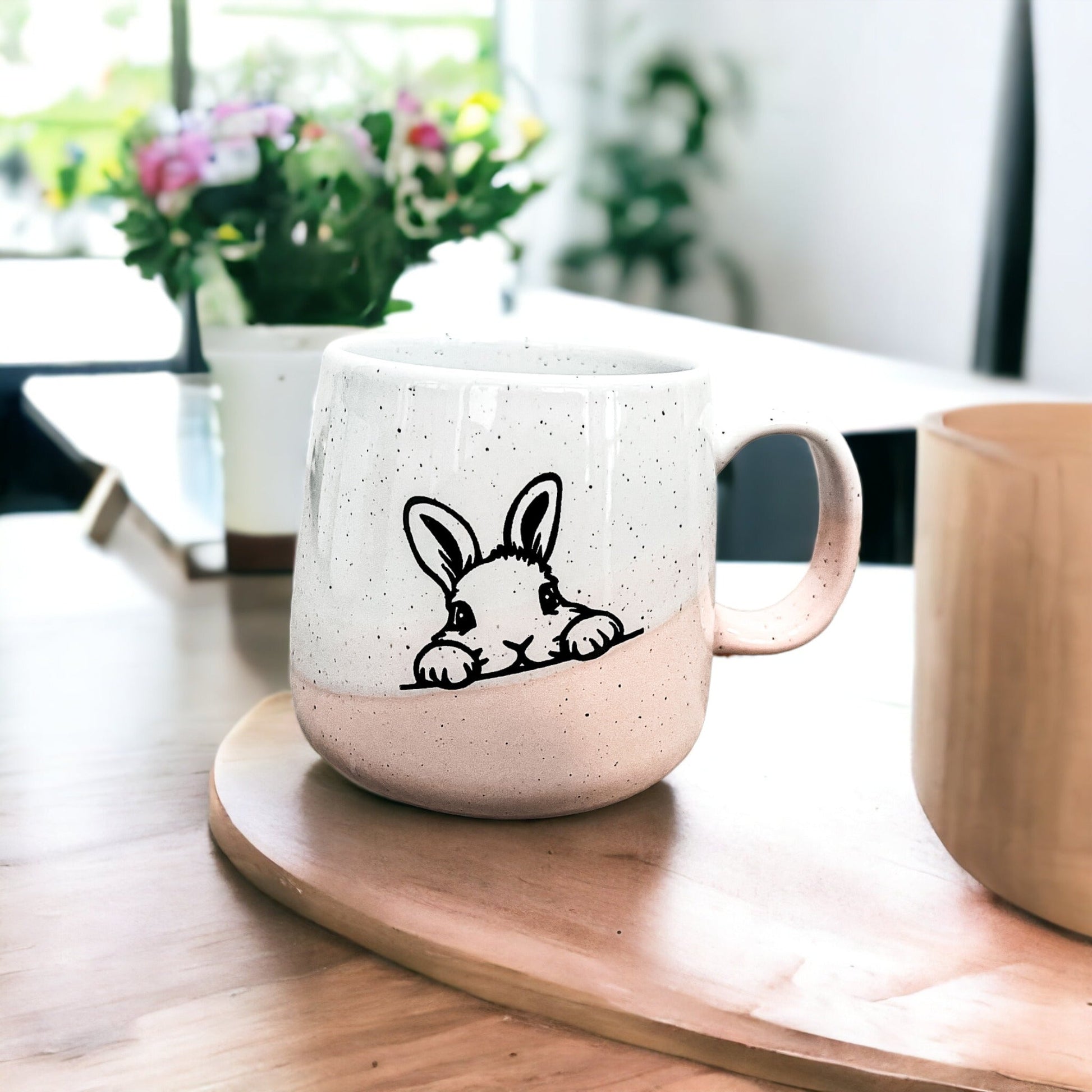 Farmhouse Ceramic Bunny Mug Hand-Painted Ivory With Pastel Pink Base, 12 Oz - - Mugs