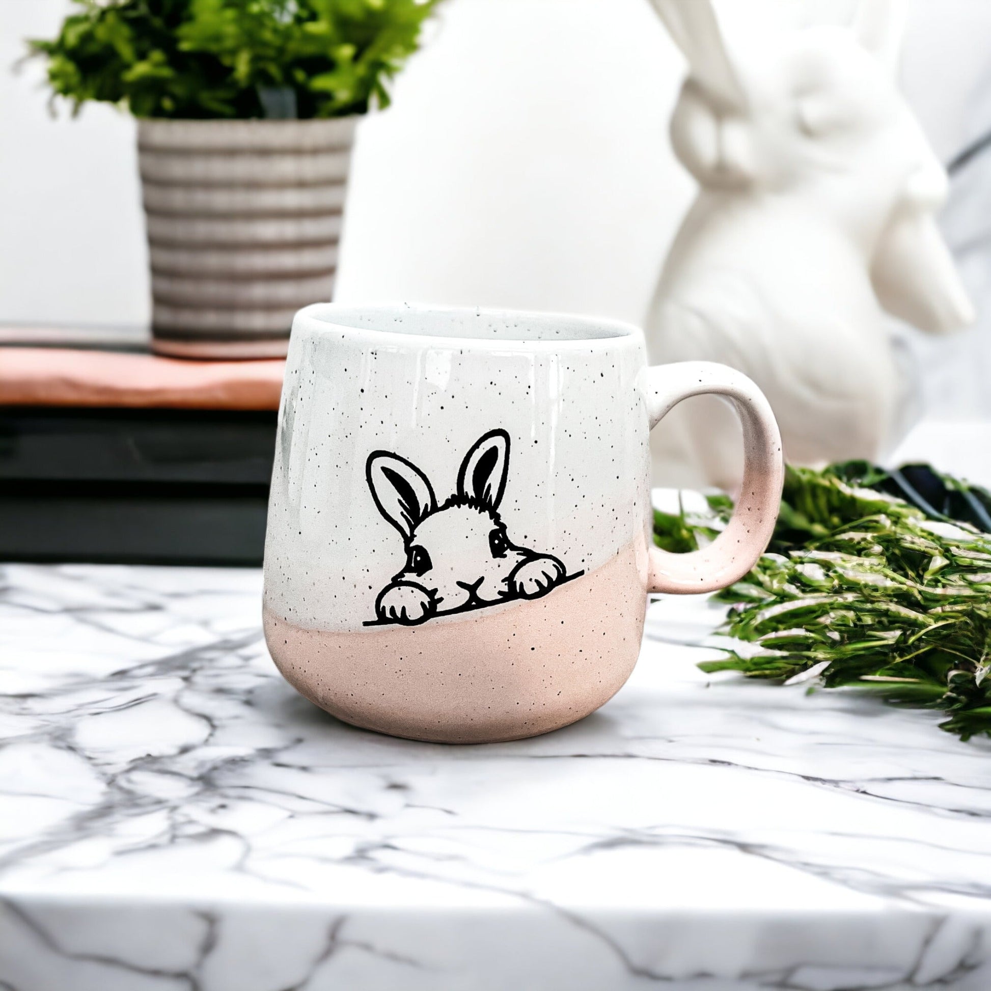 Farmhouse Ceramic Bunny Mug Hand-Painted Ivory With Pastel Pink Base, 12 Oz - - Mugs