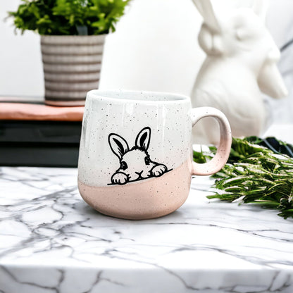 Farmhouse Ceramic Bunny Mug Hand-Painted Ivory With Pastel Pink Base, 12 Oz - - Mugs