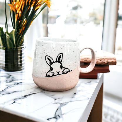 Farmhouse Ceramic Bunny Mug Hand-Painted Ivory With Pastel Pink Base, 12 Oz - - Mugs