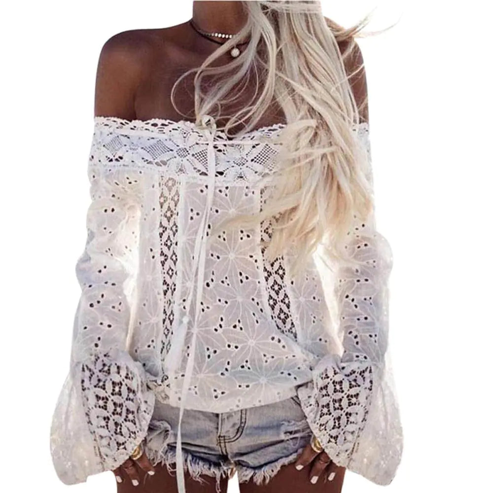 Summer Women Lace White Blouse Tops Turtleneck Shirt