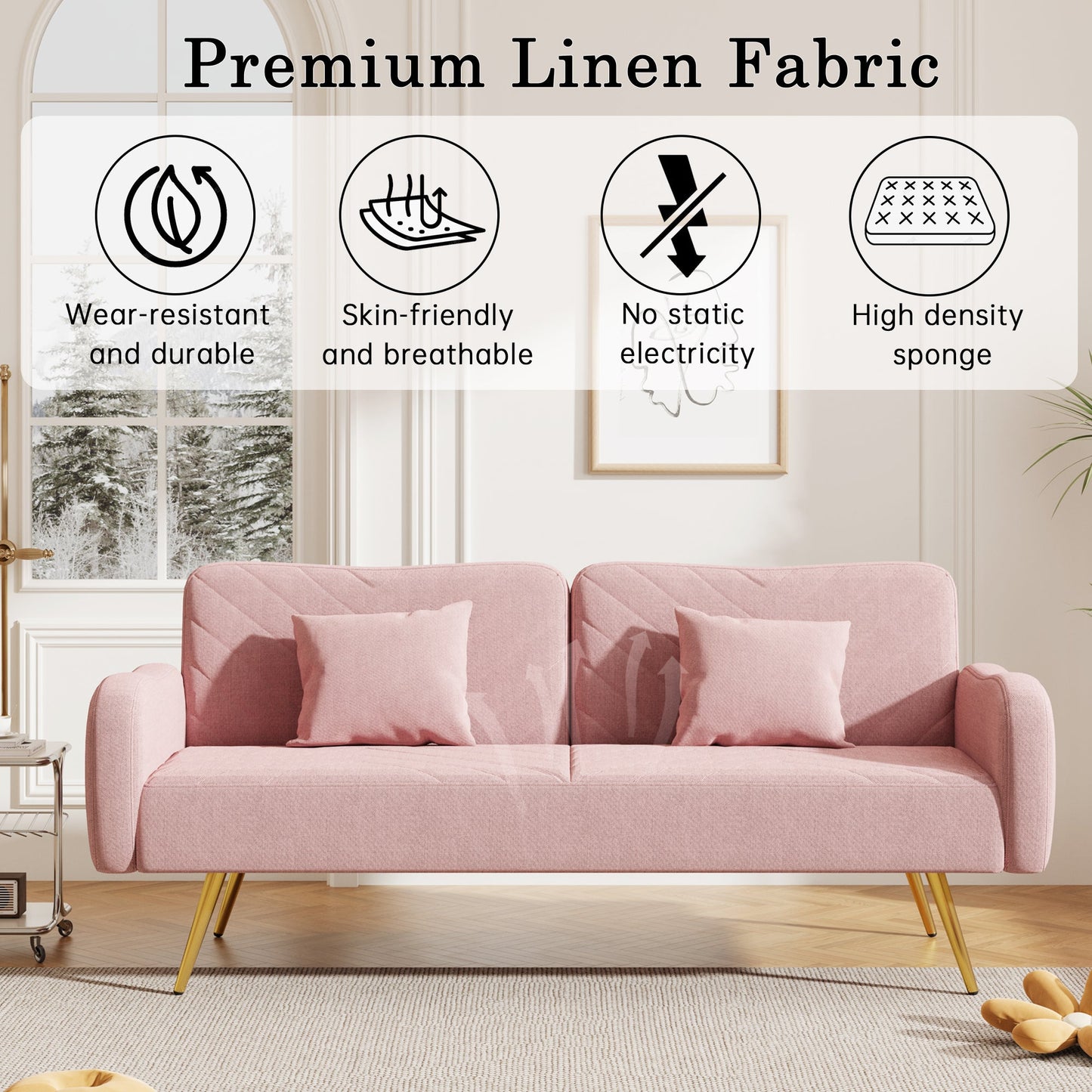 70.47" Pink Fabric Double Sofa with Split Backrest and Two Throw Pillows- V.I.P Digital Presence- {{Product type}}