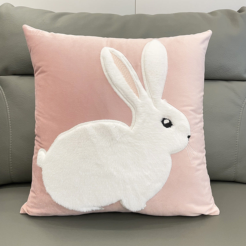 Soft Rabbit Pillow Cover Sofa Cushion Velvet Embroidered Pillow Girl's Heart Pink Cartoon Pillow Cover Cute - 45x45cm(Pillowcase) Pink lying bunny -