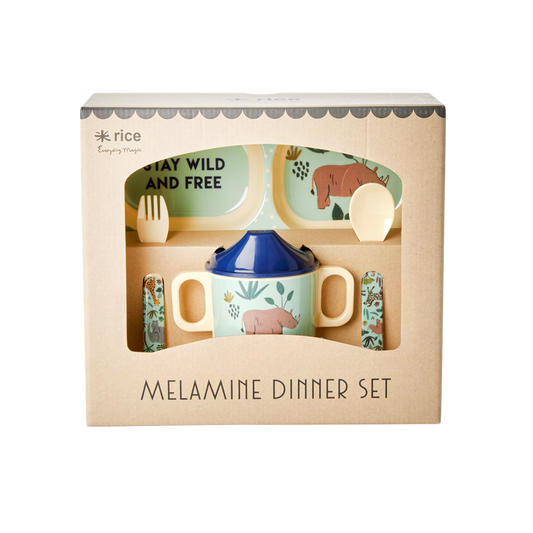 Melamine Baby Dinner Set in Gift Box - Blue Jungle Animals Print - 4 pcs. - - plate sets