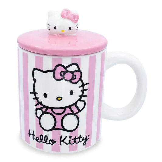 Toynk Sanrio Hello Kitty Pink Stripes Ceramic Mug With Lid - - mug