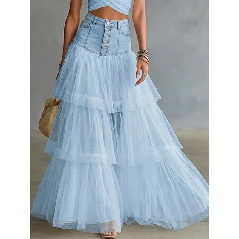 Women's Denim Waist Layered Mesh Maxi Skirt – A-Line Tulle Swing Skirt- FitiqueFit- {{Product type}}