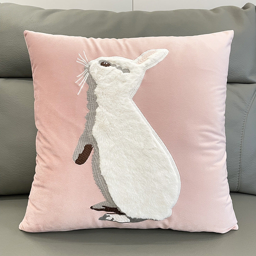 Soft Rabbit Pillow Cover Sofa Cushion Velvet Embroidered Pillow Girl's Heart Pink Cartoon Pillow Cover Cute - 45x45cm(Pillowcase) Pink Standing Rabbit -