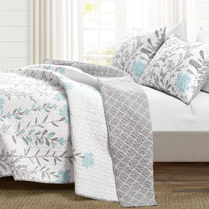 Full/Queen Blue Grey Floral Lightweight Thin Polyester Fabric 3-Piece Quilt Set - - Bedroom > Quilts & Blankets