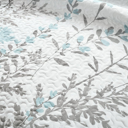 Full/Queen Blue Grey Floral Lightweight Thin Polyester Fabric 3-Piece Quilt Set - - Bedroom > Quilts & Blankets