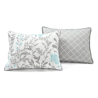 King Size Blue Grey Floral Lightweight Thin Polyester Fabric 3-Piece Quilt Set - - Bedroom > Quilts & Blankets