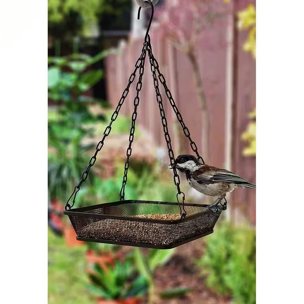 Heavy Duty Black Iron Mesh Bird Feeder Seed Tray with Easy to Hang Chain - - Outdoor > Outdoor Decor > Bird Feeder