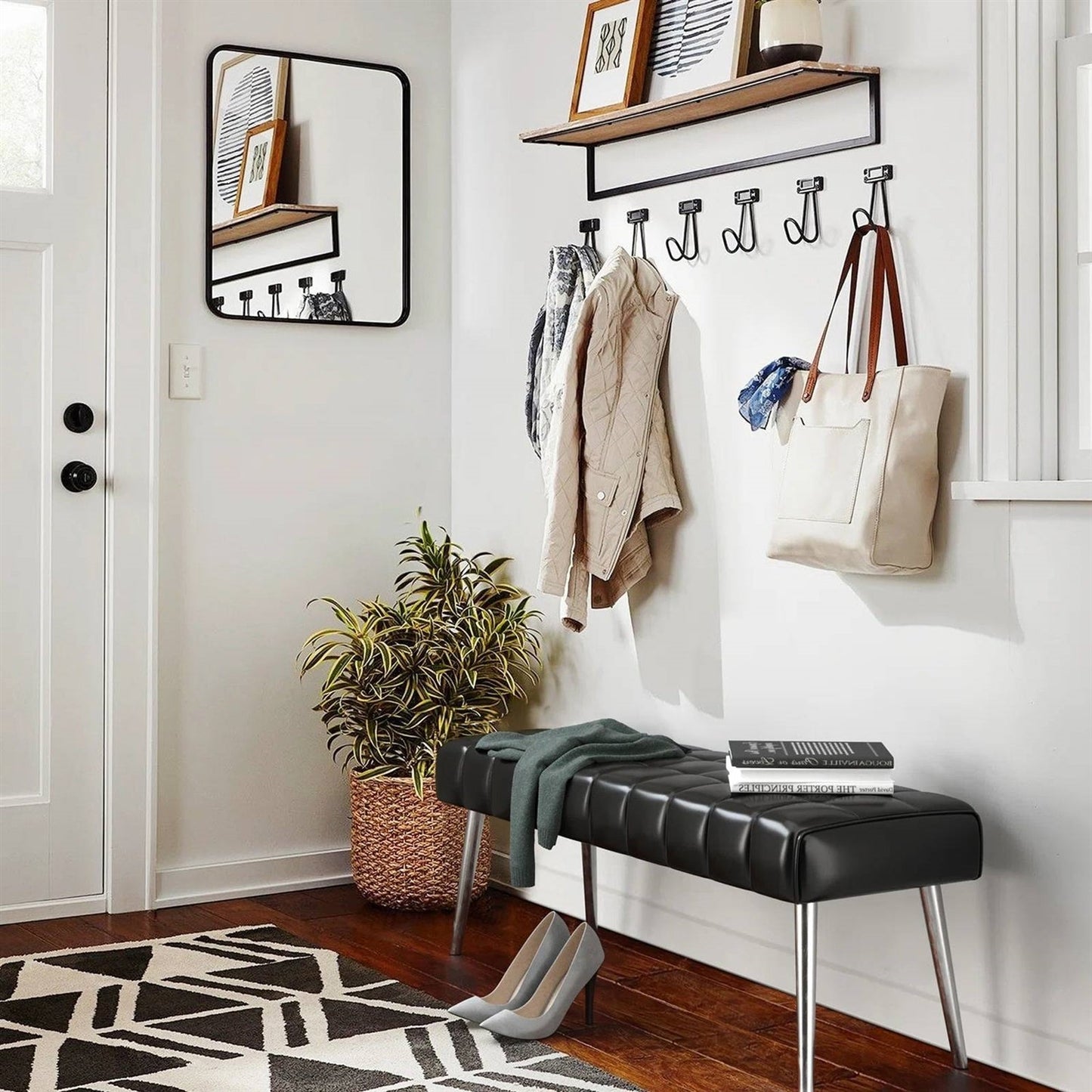 Mid-Century Modern End of Bed Bench with Black PU Leather Seat and Tapered Legs - - Bedroom > Bedroom Benches