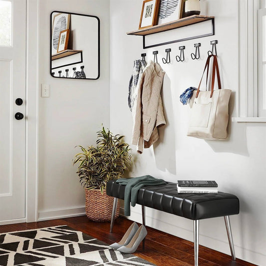Mid-Century Modern Bench with Black PU Leather Seat and Tapered Legs - - Bedroom > Bedroom Benches