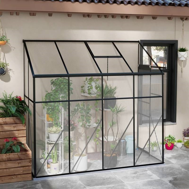8.3 ft x 4.1 ft Outdoor Polycarbonate Lean-to Greenhouse with Black Metal Frame - - Outdoor > Gardening > Greenhouses