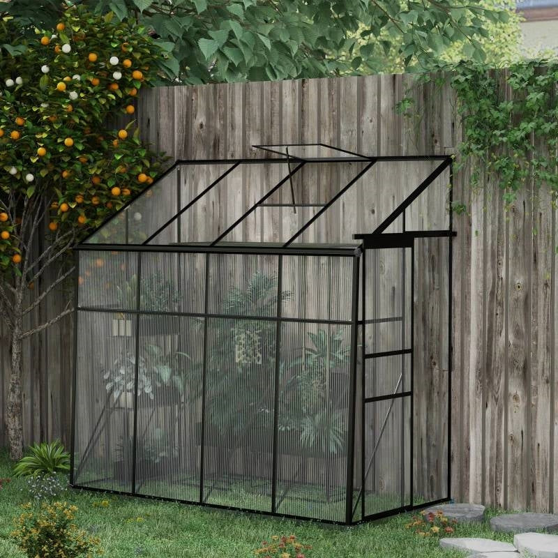 8.3 ft x 4.1 ft Outdoor Polycarbonate Lean-to Greenhouse with Black Metal Frame - - Outdoor > Gardening > Greenhouses