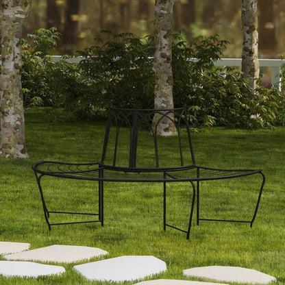 Half-Circle Outdoor Patio Garden Black Wrought Iron Tree Bench - - Outdoor > Outdoor Furniture > Garden Benches