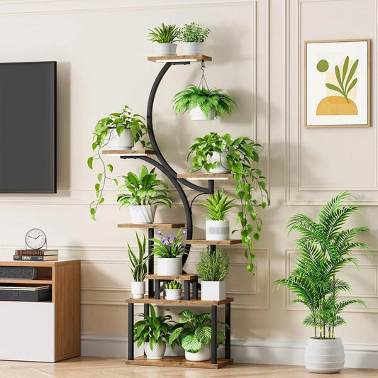 Indoor Plant Stand with Black Metal Frame and Wood Finish Shelves - - Accents > Plant Stands