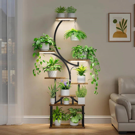 Indoor Plant Stand with Black Metal Frame and Wood Finish Shelves - - Accents > Plant Stands