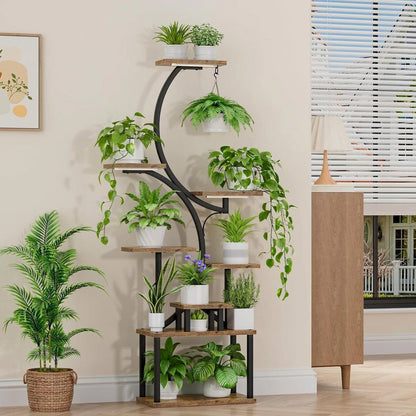 Indoor Plant Stand with Black Metal Frame and Wood Finish Shelves - - Accents > Plant Stands