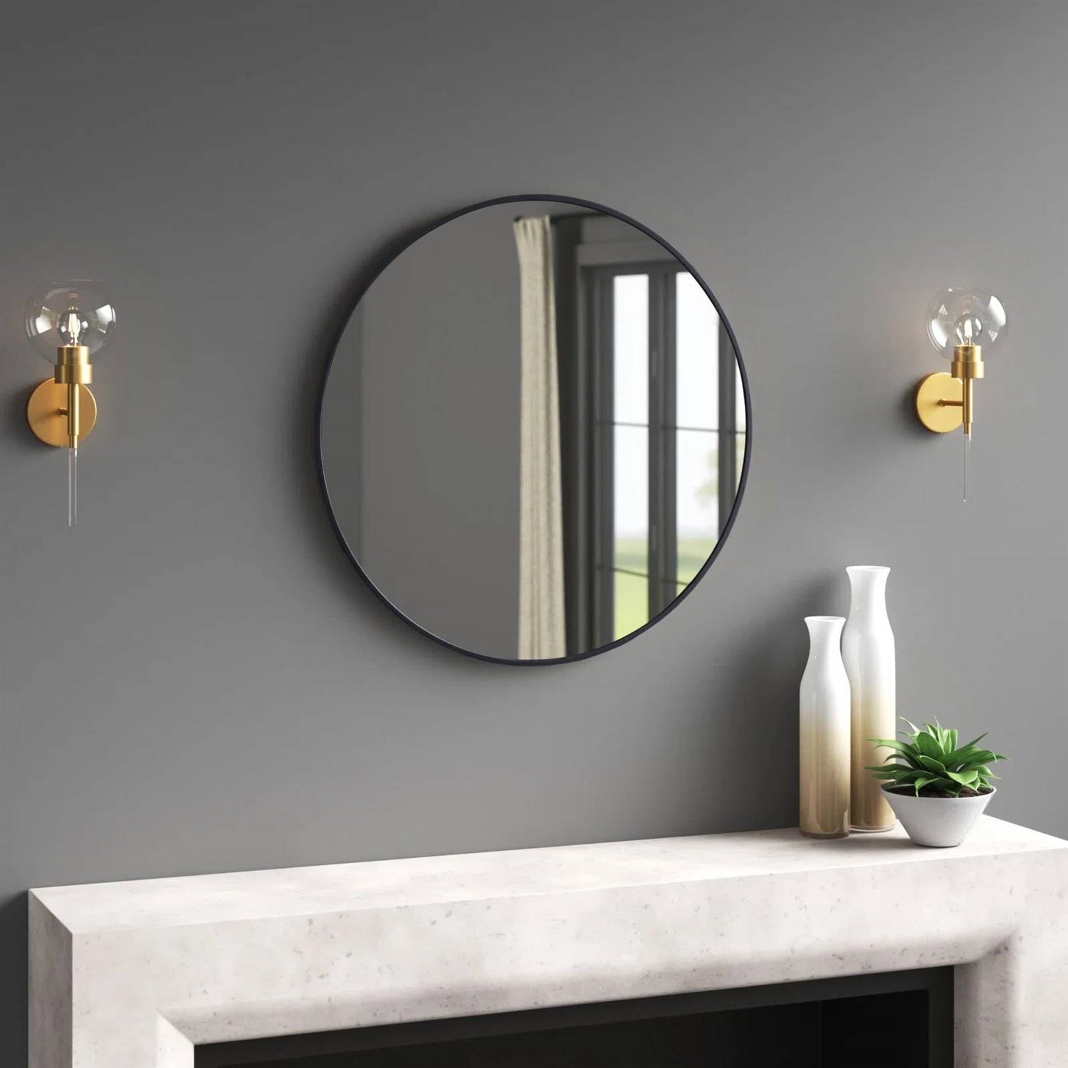 Round 21-inch Wall Mirror in Black - Living Room Bedroom Accent Bathroom Mirror - - Bathroom > Bathroom Mirrors