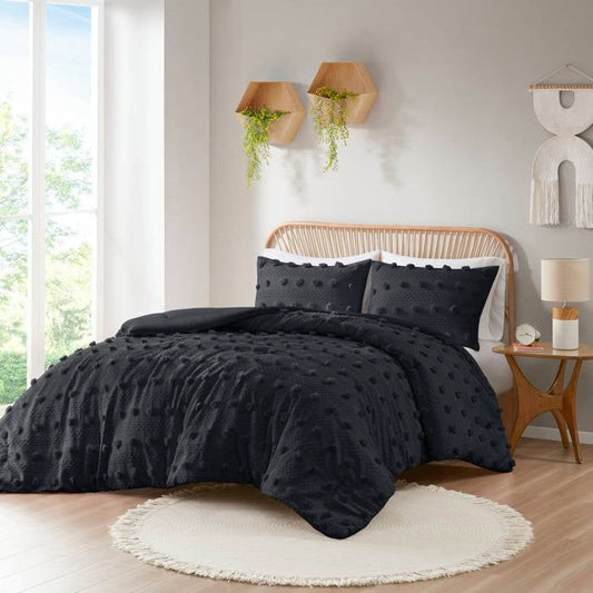 Twin/Twin XL 2 Piece Pompom Microfiber Hypoallergenic Comforter Set in Black - - Bedroom > Comforters and Sets