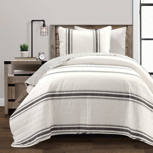 Twin/Twin XL Black Off-White Cream Stripe Reversible Cotton 2 Piece Quilt Set - - Bedroom > Quilts & Blankets