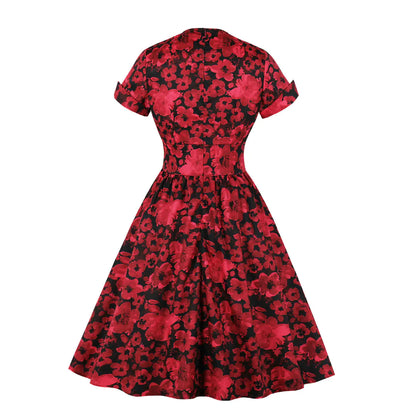 Retro Floral Waist-Defined Dress - - dress