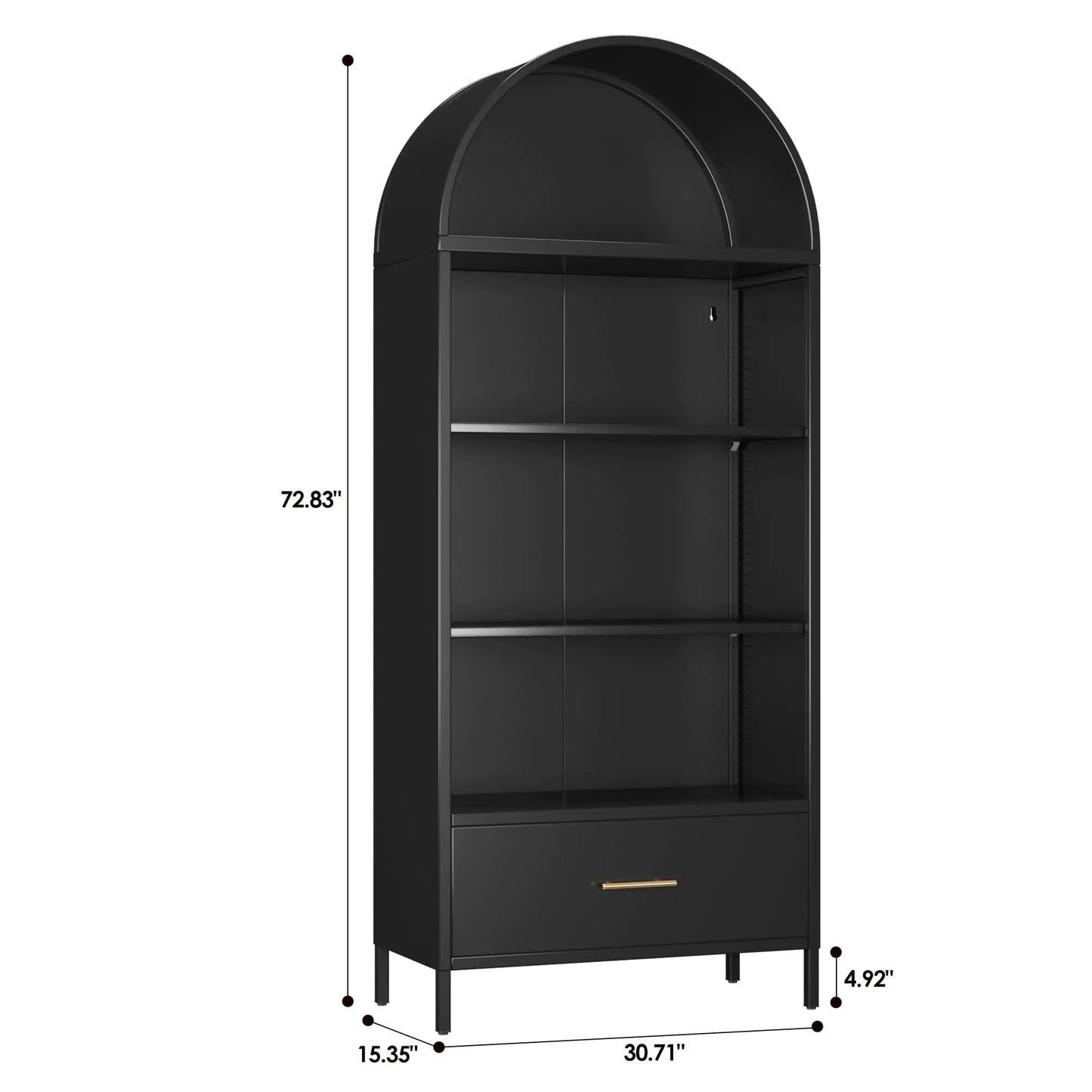 Black Metal Arched Bookshelf with Drawer - - Shelf