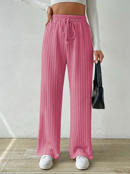 New Tie Waist Texture Knitted Wide Leg Pants Pink